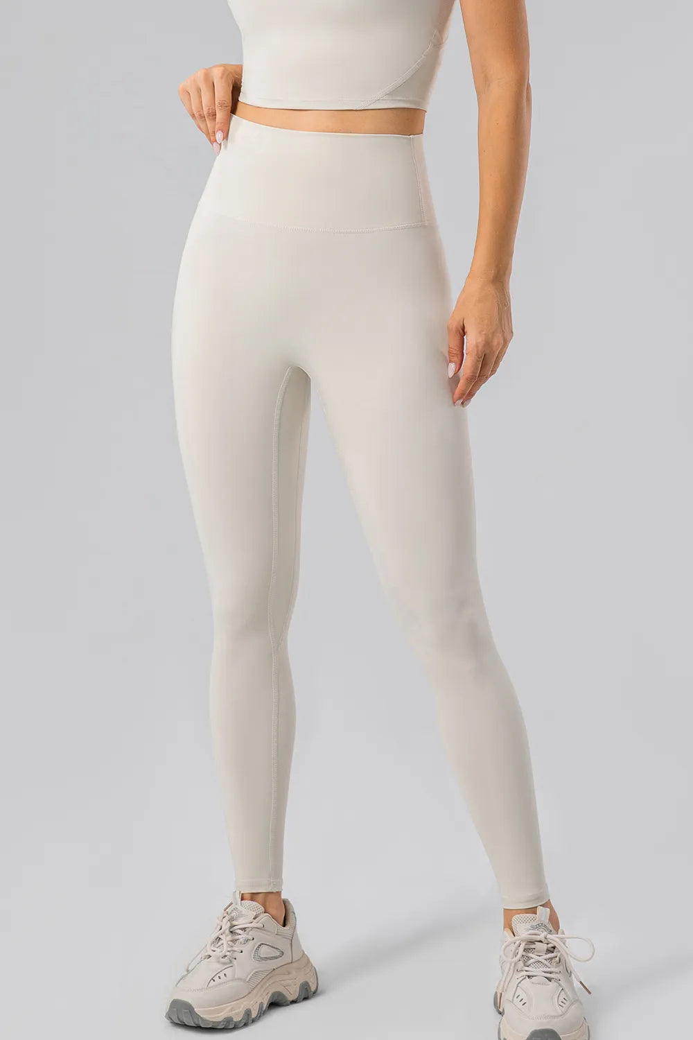 Lulu Dupe High Waist Wide Waistband Leggings (Nylon & Spandex) no front seam Ivory Trendsi