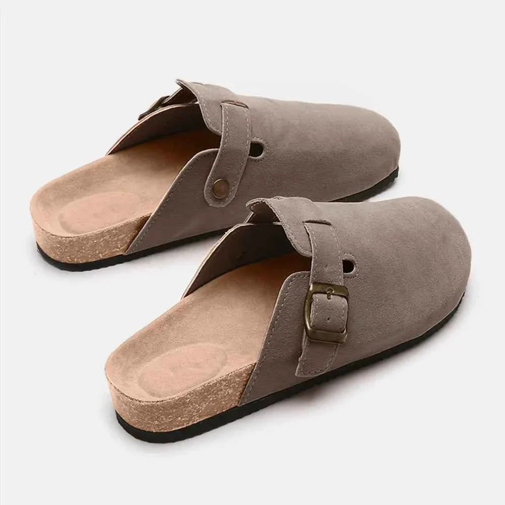 Flat Comfy Suede Buckle Clogs