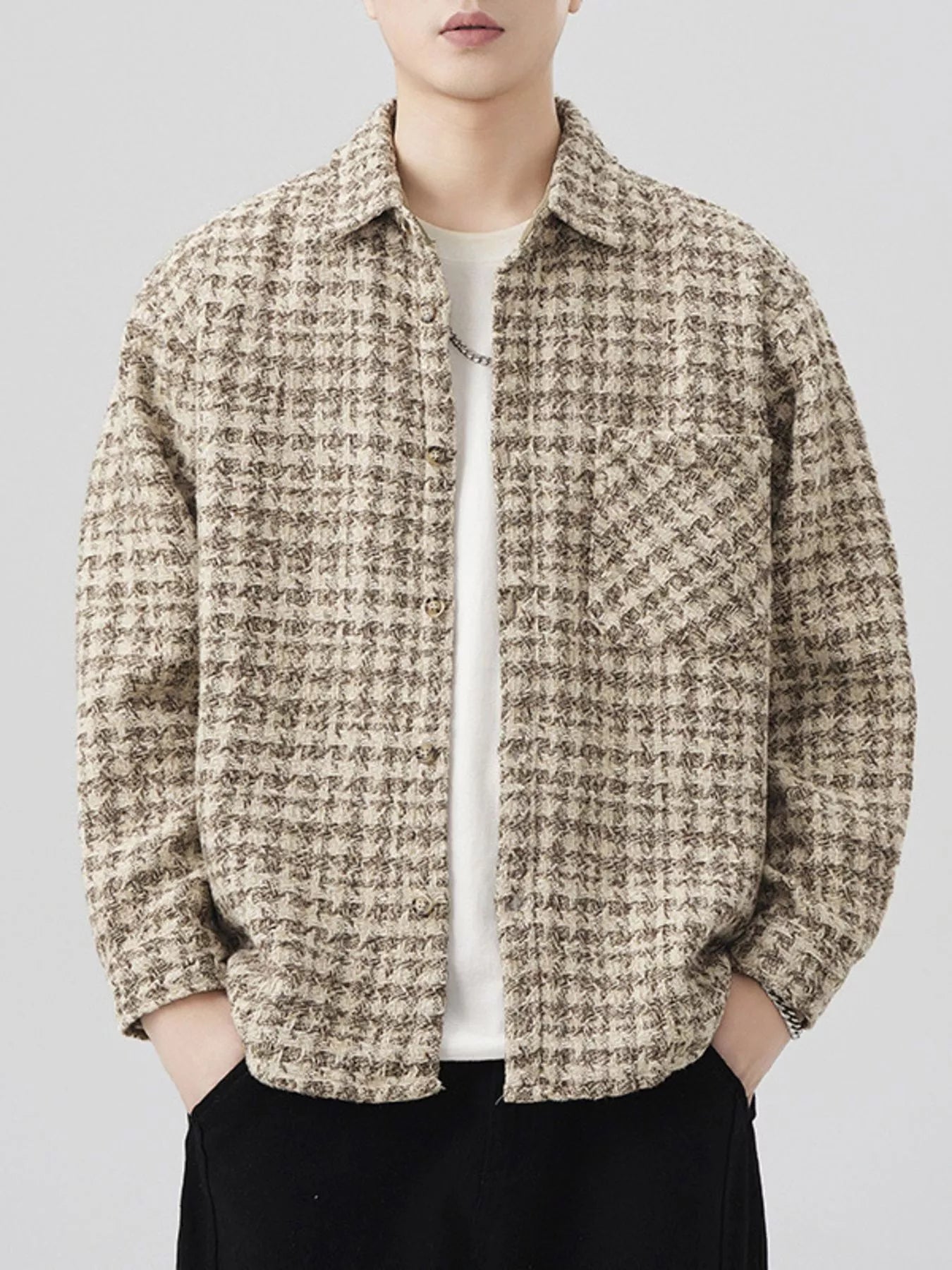 Mens Lattice Pattern Cotton Blend Shacket overshirt Trendsi
