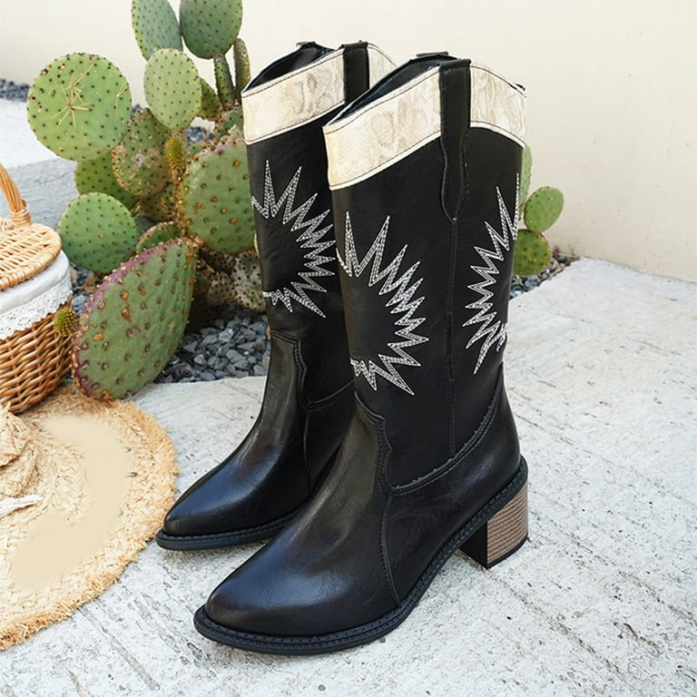 Point Toe Block Heels Western Boots (Camel/Black/White) Trendsi