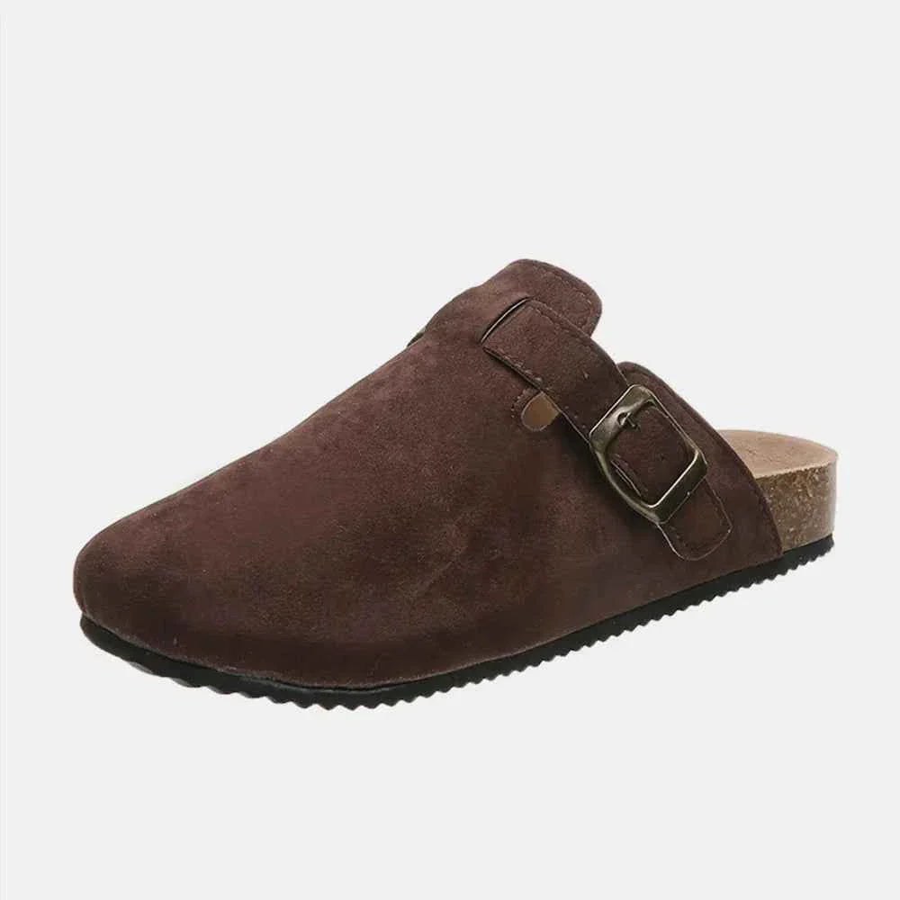 Flat Comfy Suede Buckle Clogs