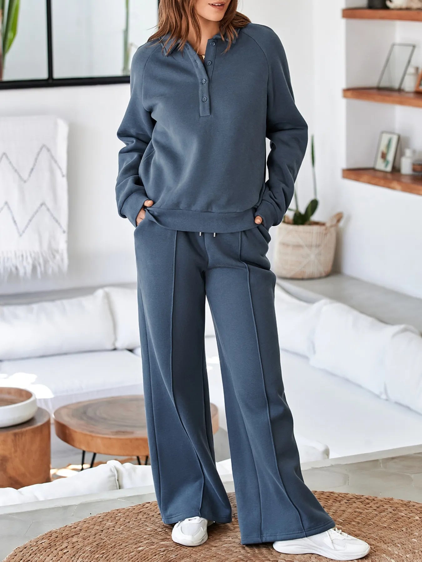 Cotton Blend Collared Sweatshirt Wide Leg Sweatpants Set Trendsi