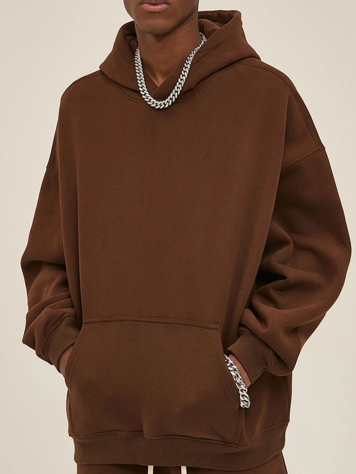 Mens Oversized Cotton Blend Pocket Hoodie Coffee Brown Trendsi