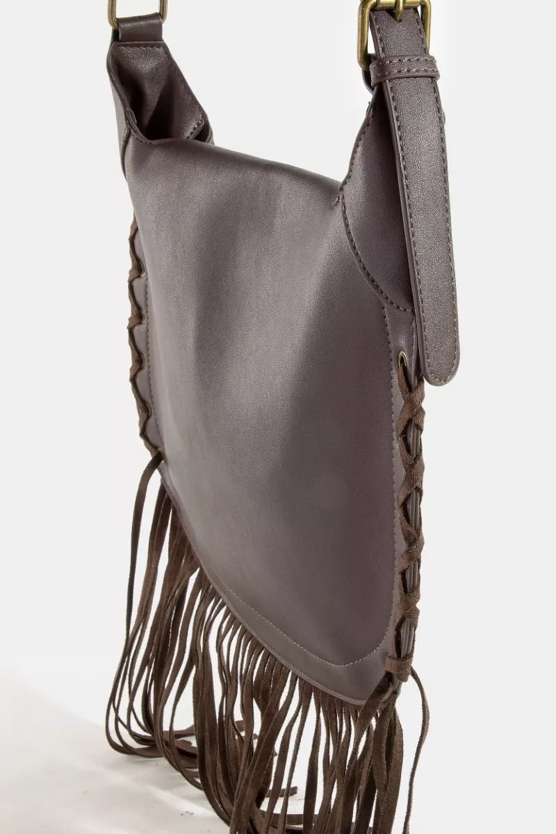 Suede Fringe Trim Gold Studded Shoulder/Crossbody Boho Bag Bags Trendsi