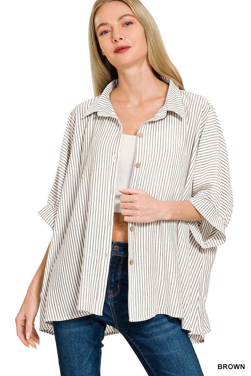 Zenana Woven Stripe Button Down Boxy Shirt Trendsi