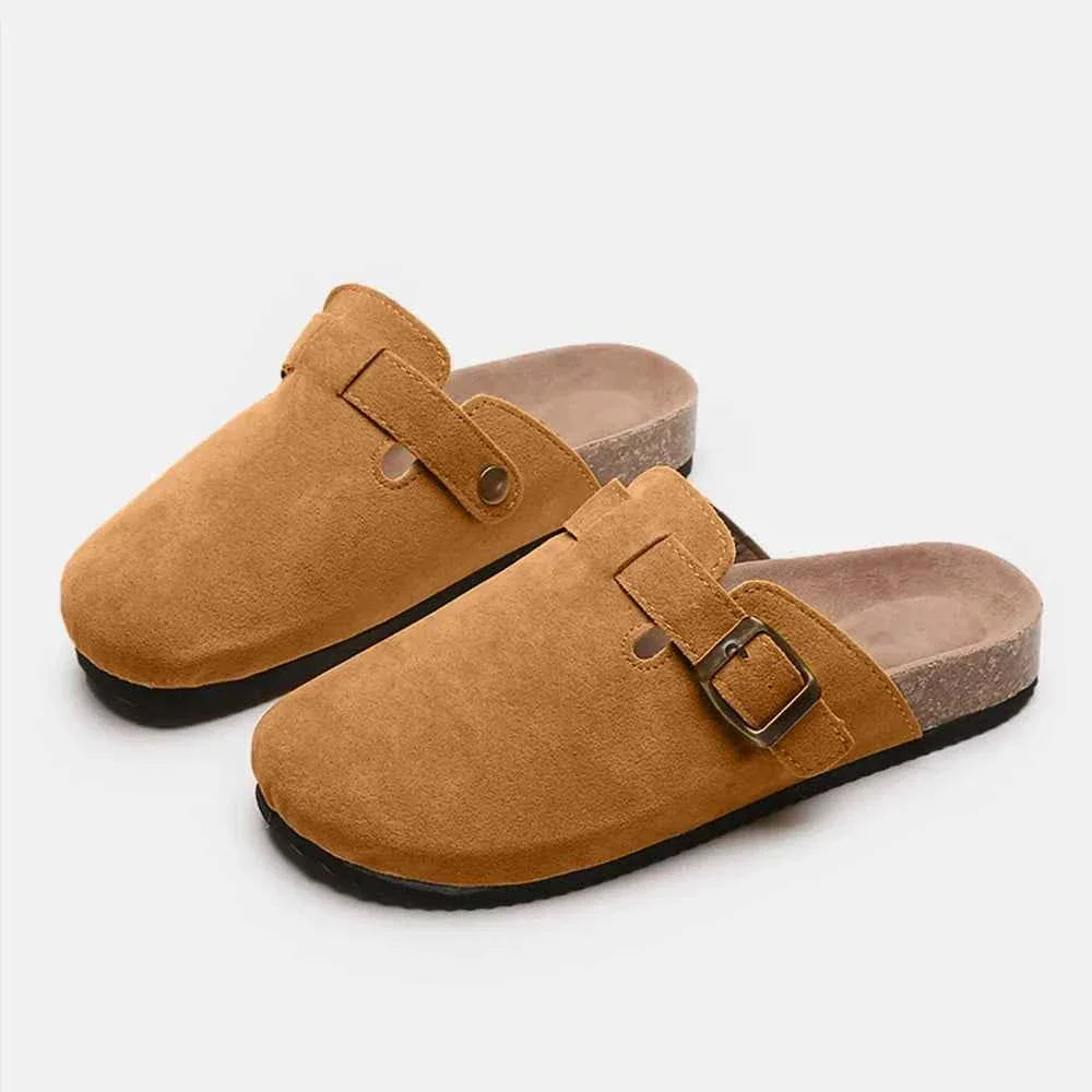 Flat Comfy Suede Buckle Clogs