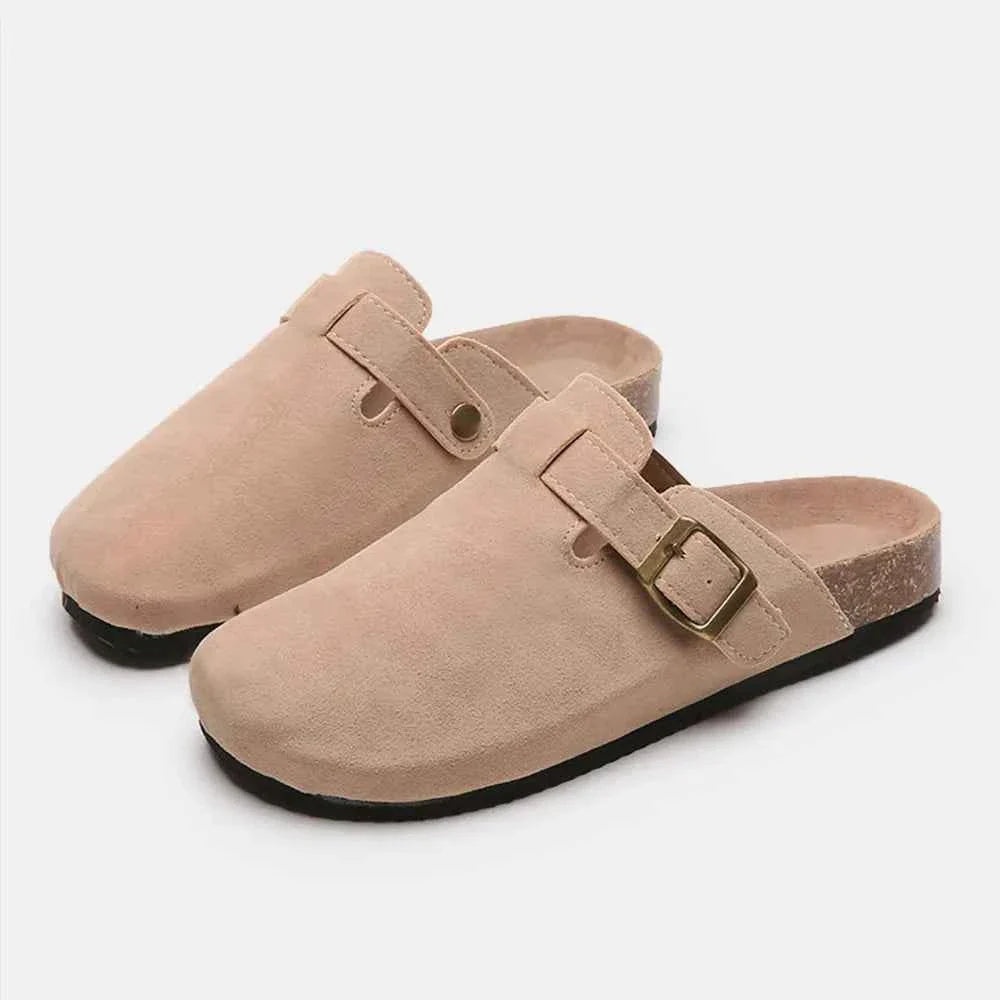 Flat Comfy Suede Buckle Clogs