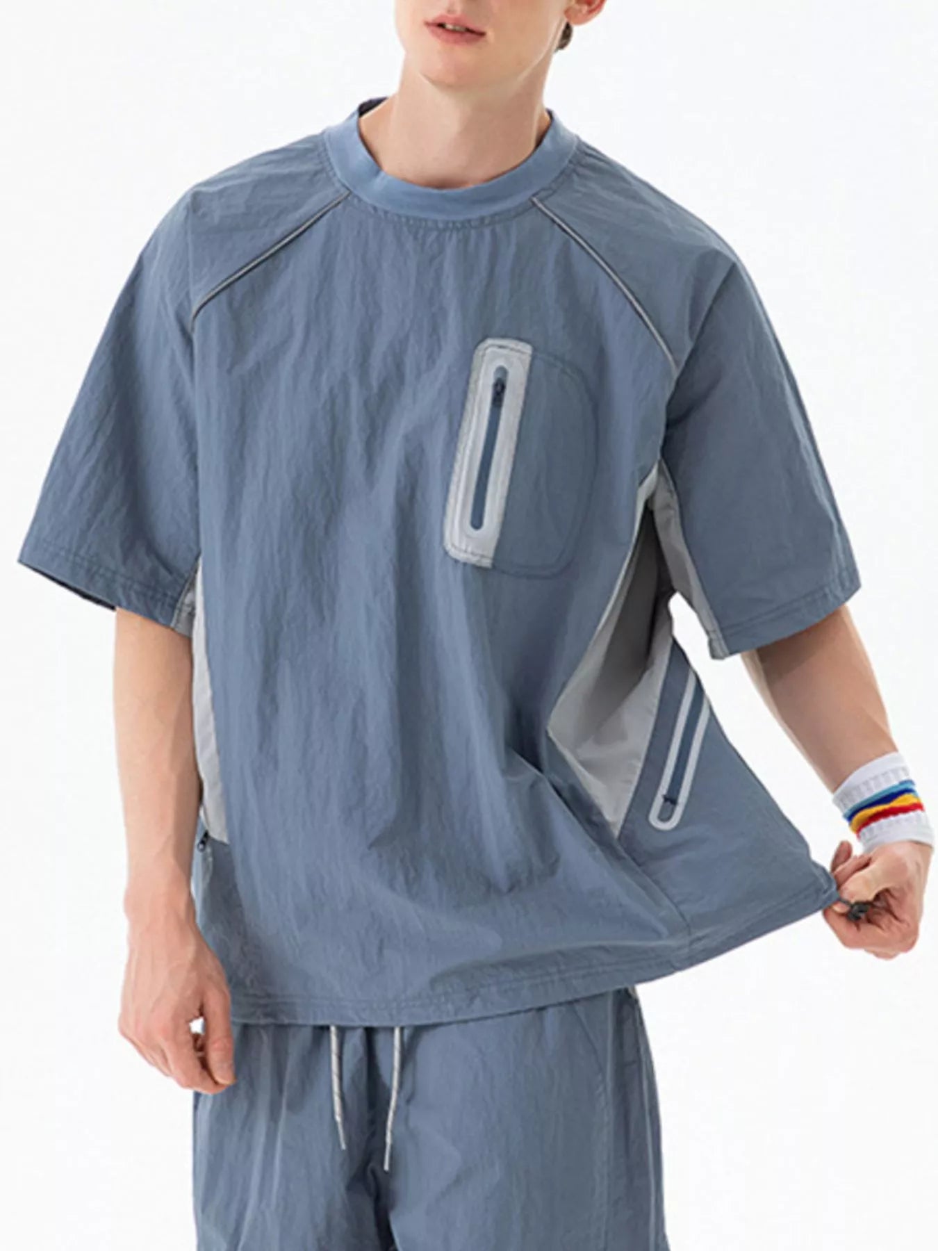 Men's Contrast Round Neck Half Sleeve Active T-Shirt Dusty Blue Trendsi