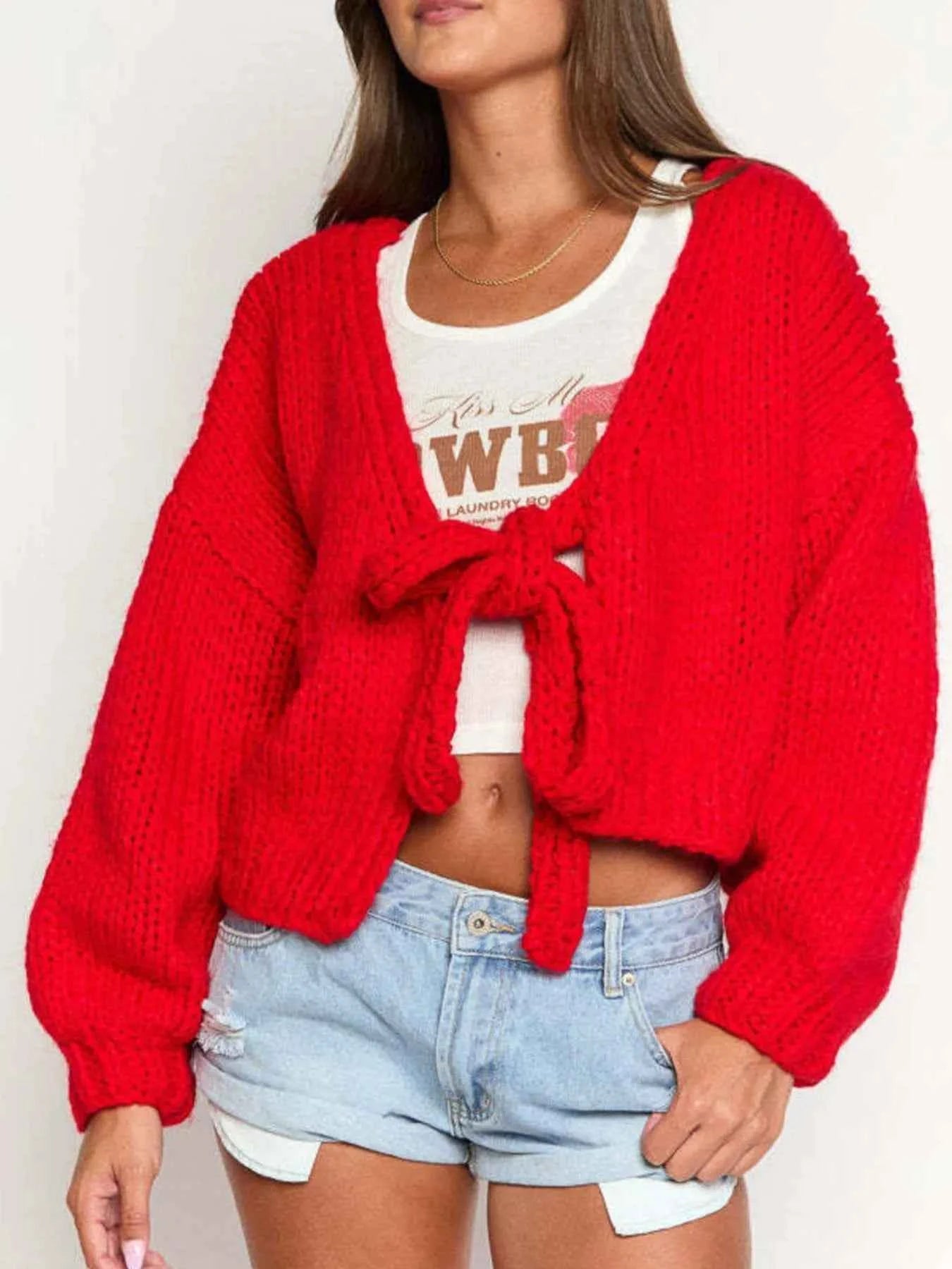 Tied Drop Shoulder Cardigan Knitwear Trendsi