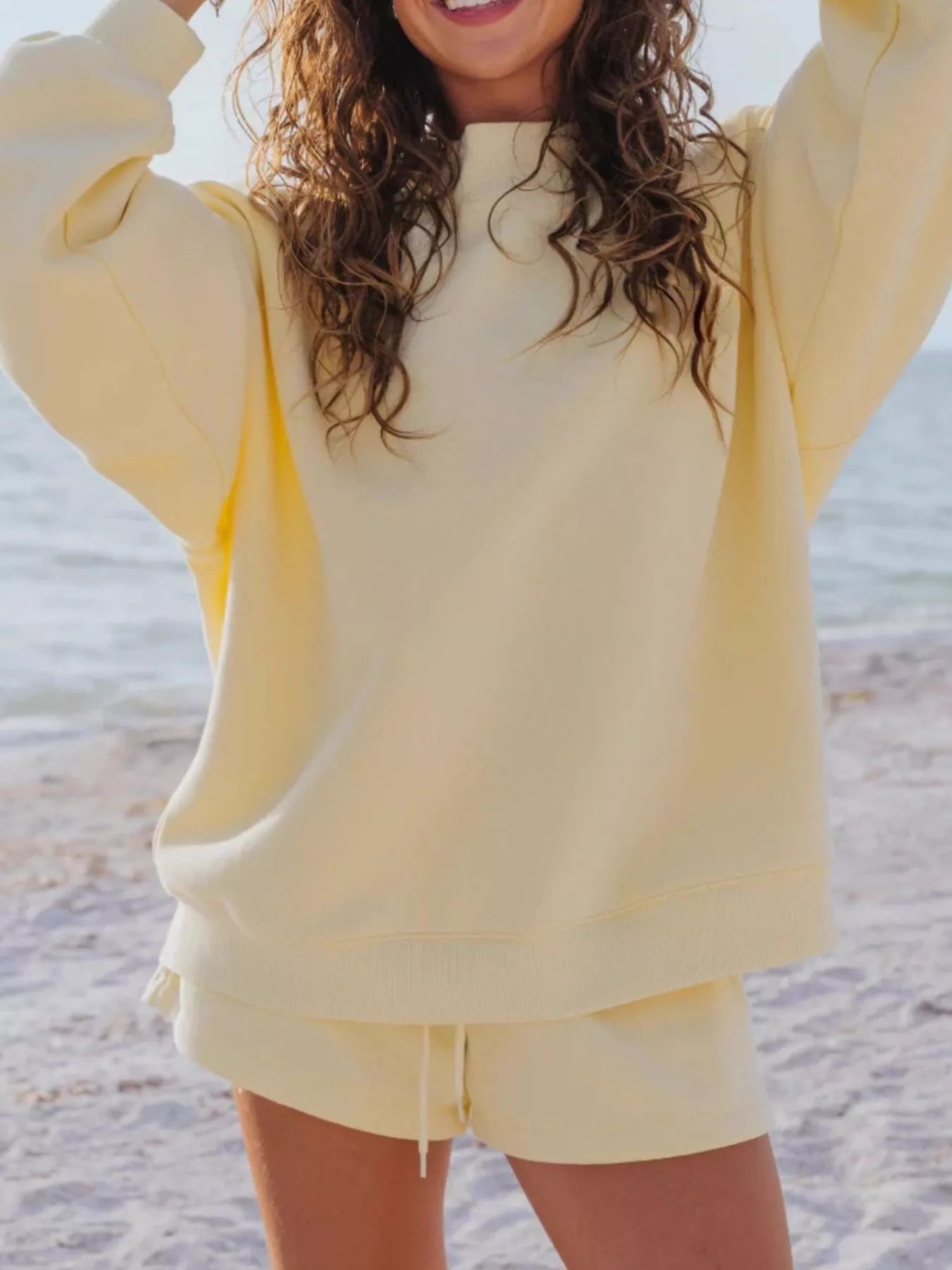 Relaxed Fit Round Neck Sweatshirt and Shorts Set Yellow Trendsi