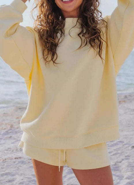 Relaxed Fit Round Neck Sweatshirt and Shorts Set Yellow Trendsi