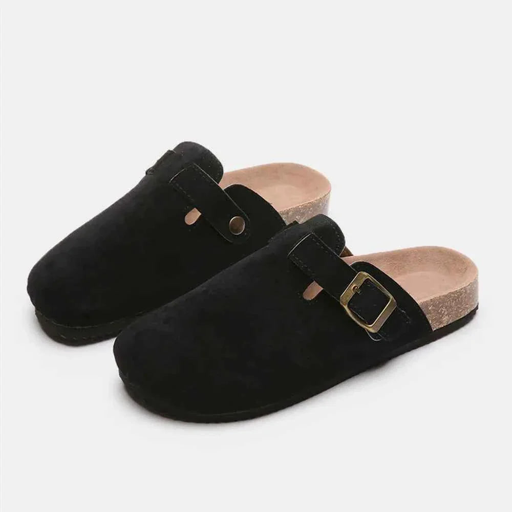 Flat Comfy Suede Buckle Clogs