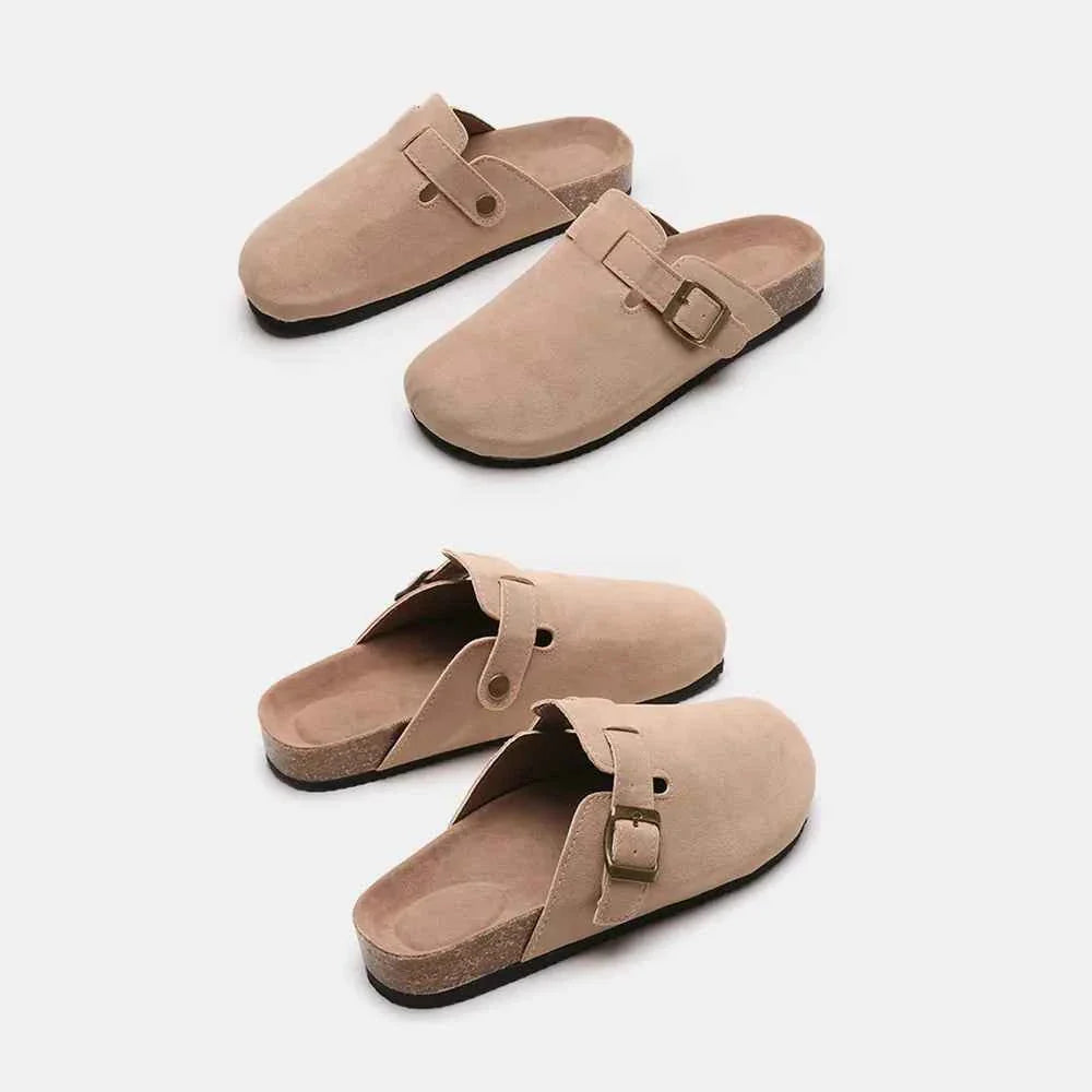 Flat Comfy Suede Buckle Clogs