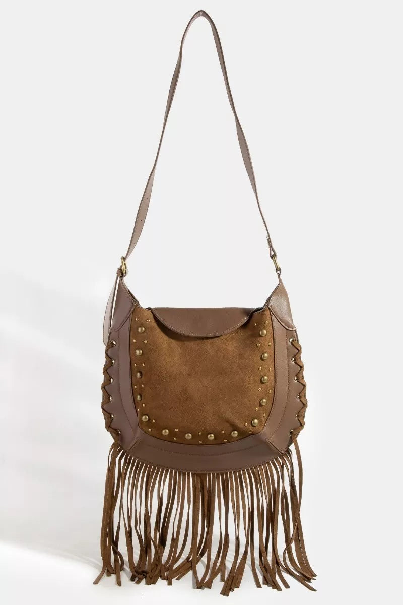 Suede Fringe Trim Gold Studded Shoulder/Crossbody Boho Bag Light BR Bags Trendsi
