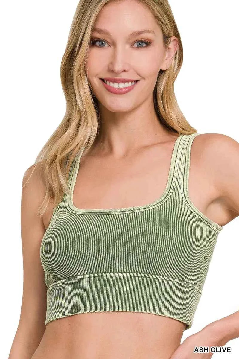 Zenana Washed Ribbed Seamless Square Neck With Bra Pads Tops Trendsi