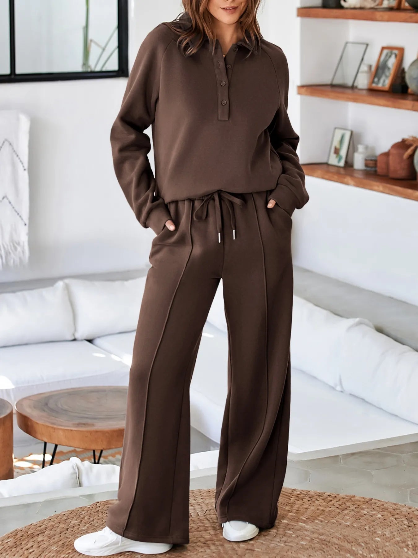 Cotton Blend Collared Sweatshirt Wide Leg Sweatpants Set Trendsi