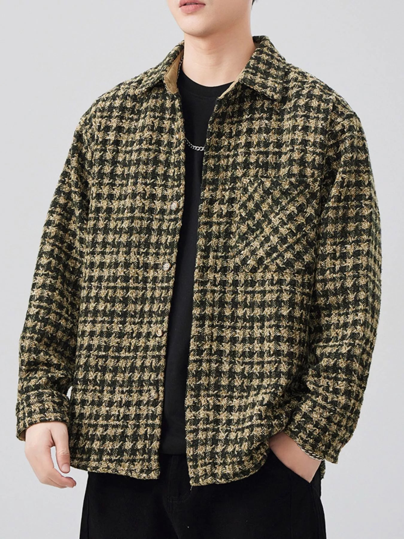 Mens Lattice Pattern Cotton Blend Shacket overshirt Trendsi