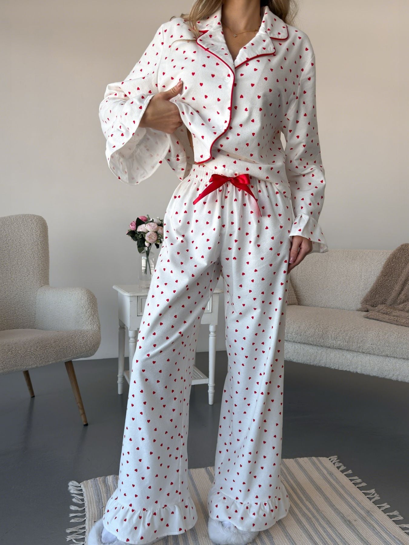 Heart Print Long Sleeve Top and Pants PJ Loungewear Set Trendsi