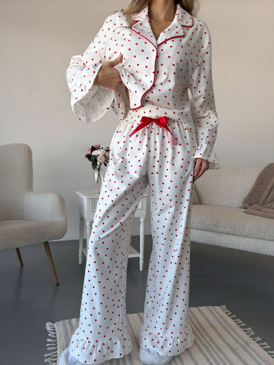 Heart Print Long Sleeve Top and Pants PJ Loungewear Set Trendsi