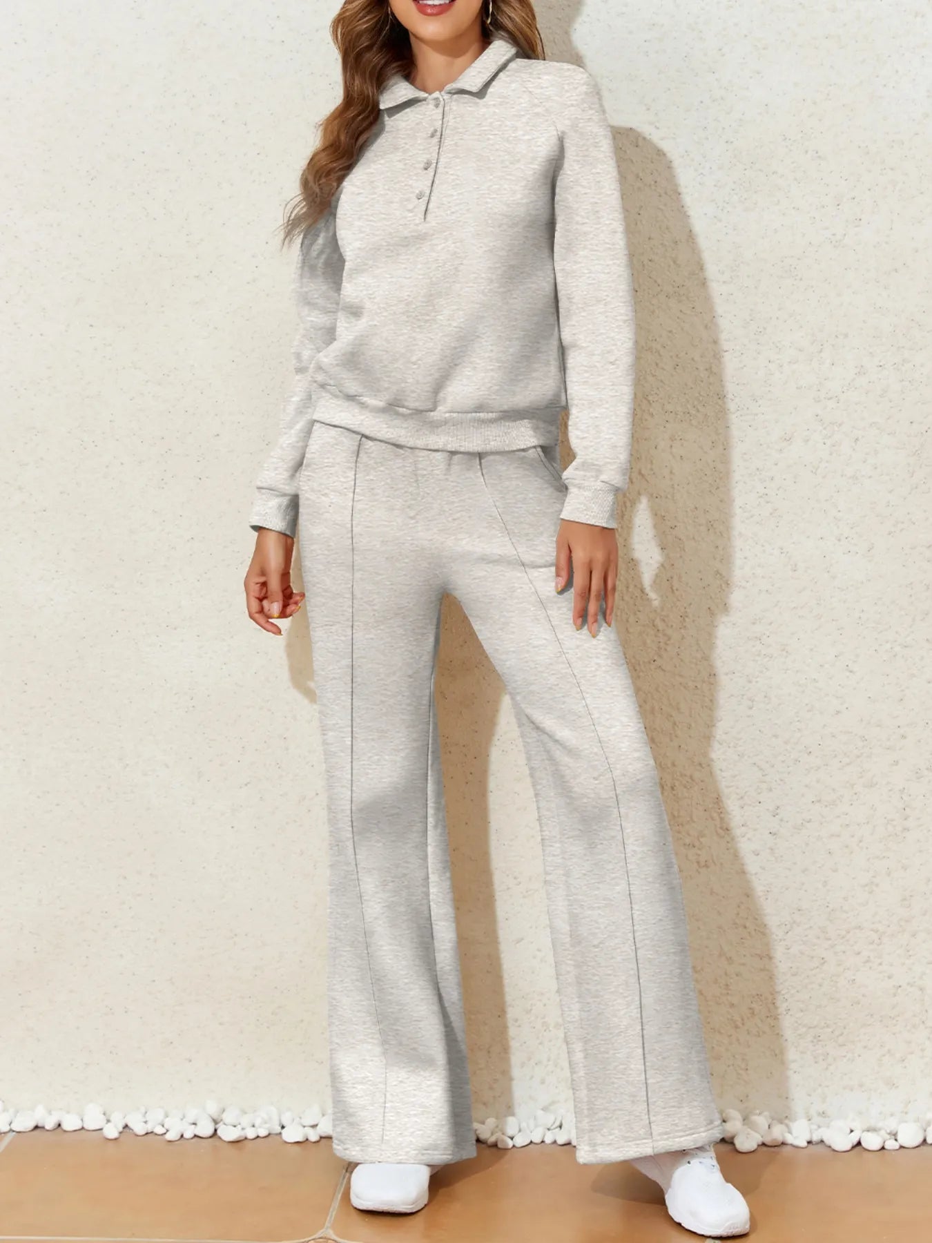 Cotton Blend Collared Sweatshirt Wide Leg Sweatpants Set Trendsi