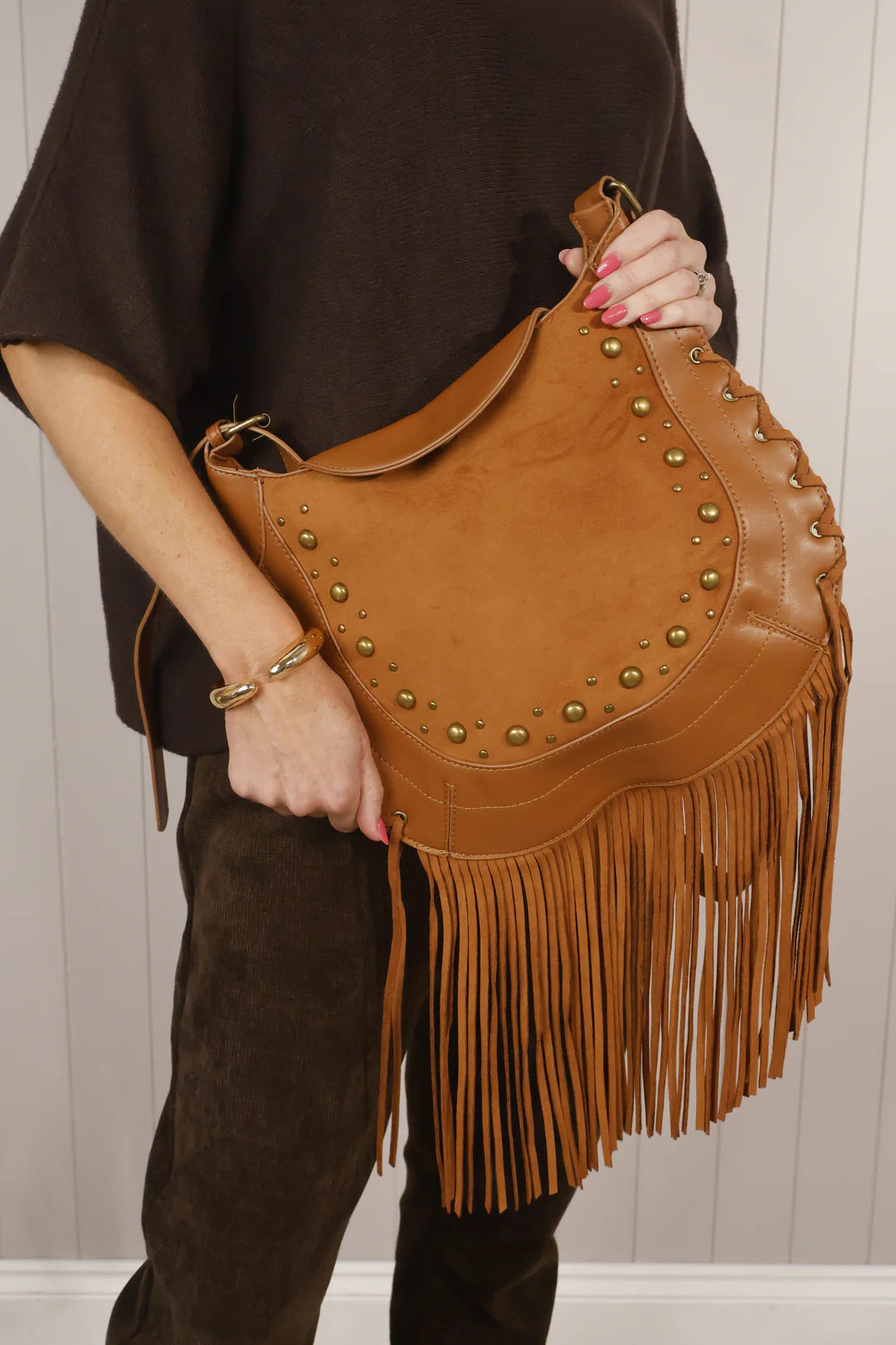 Suede Fringe Trim Gold Studded Shoulder/Crossbody Boho Bag Bags Trendsi