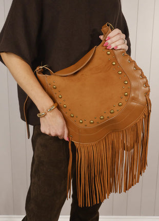 Rivet Trim Suede Fringe Bag, Shoulder/Crossbody