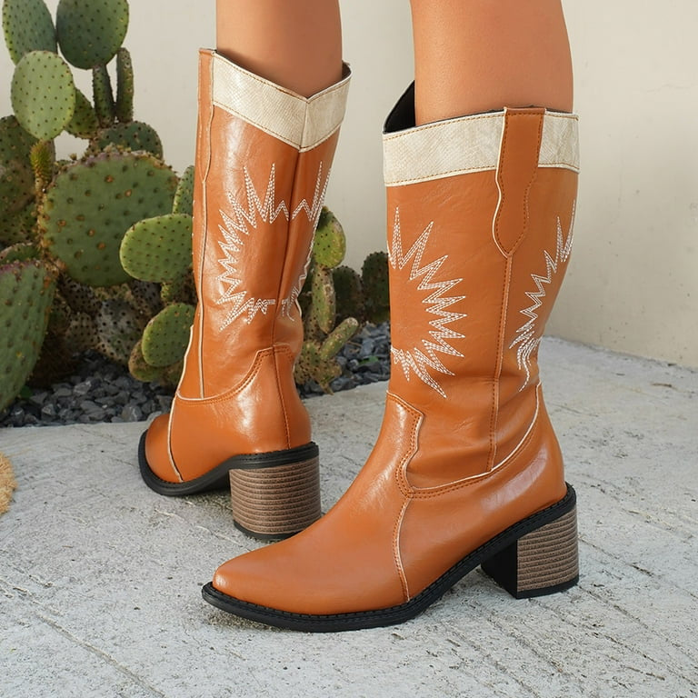 Point Toe Block Heels Western Boots (Camel/Black/White) Trendsi
