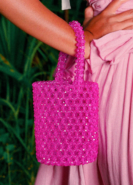 ANTONIA Crystal Beads Bucket Bag In Hot Pink