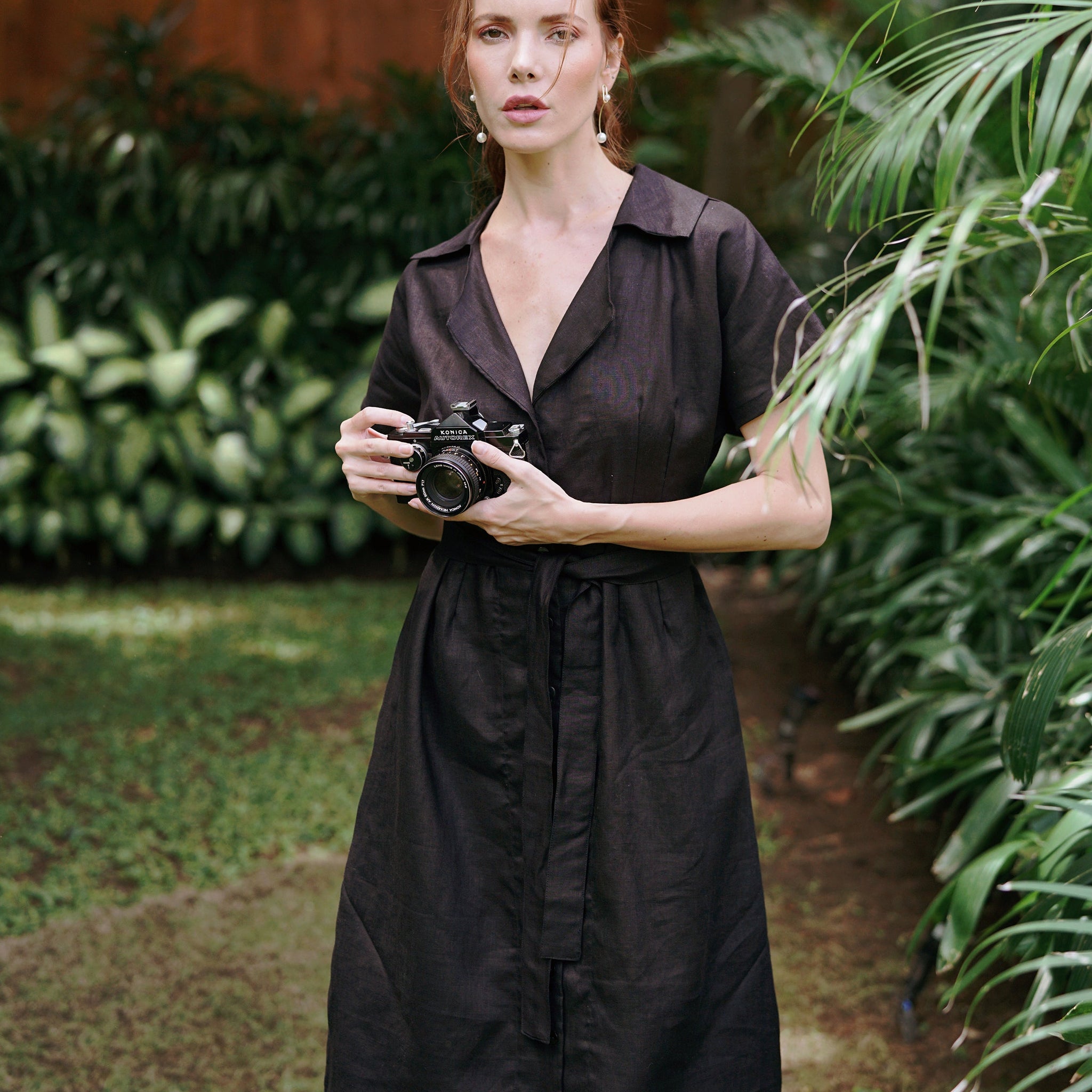 ARYA Safari Linen Midi Dress, in Black