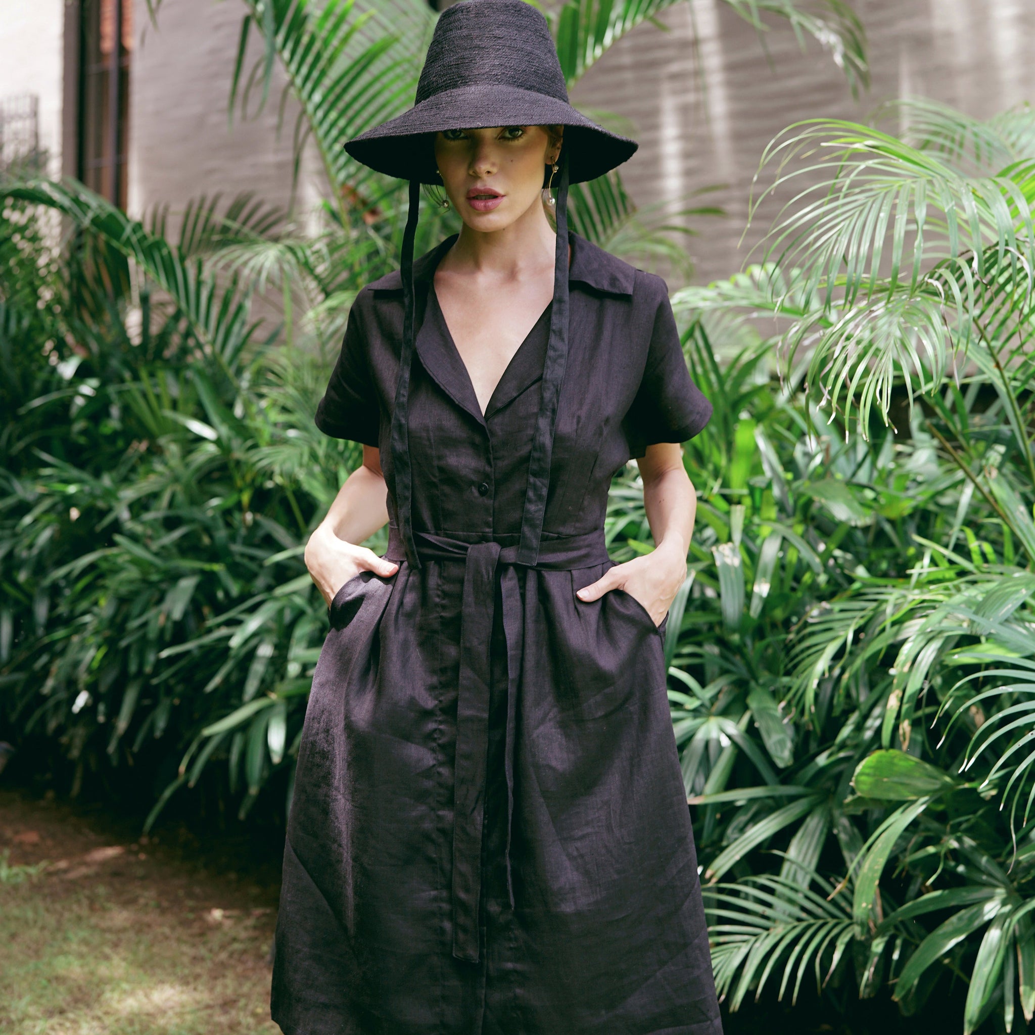 ARYA Safari Linen Midi Dress, in Black