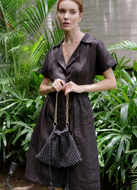 ARYA Safari Linen Midi Dress, in Black