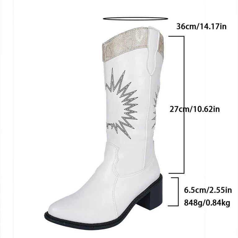 Point Toe Block Heels Western Boots (Camel/Black/White) Trendsi