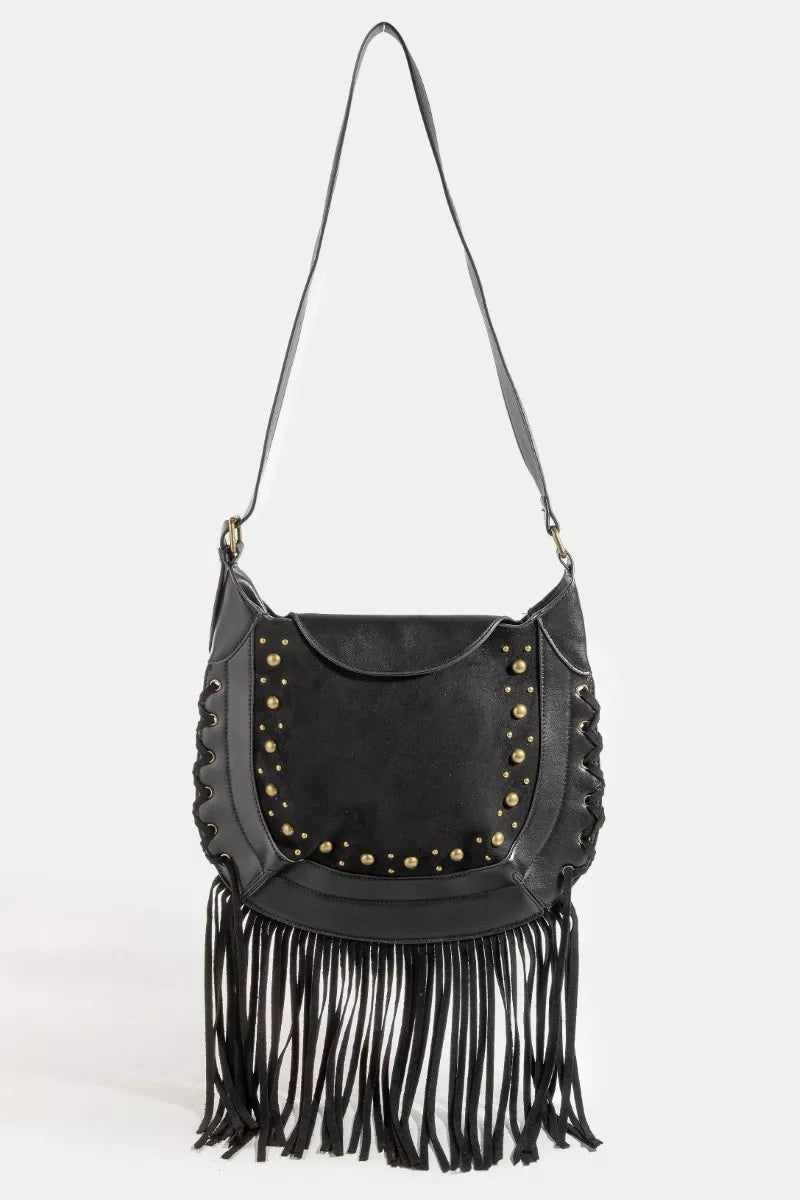 Suede Fringe Trim Gold Studded Shoulder/Crossbody Boho Bag Black Bags Trendsi