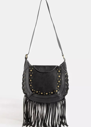 Rivet Trim Suede Fringe Bag, Shoulder/Crossbody