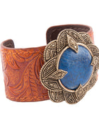 Ornate Blue Lapis Golden Leather Cuff Bracelet