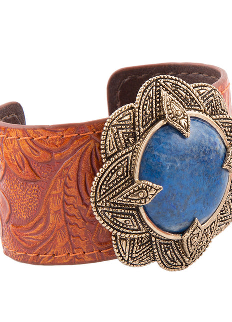 Ornate Blue Lapis Golden Leather Cuff Bracelet