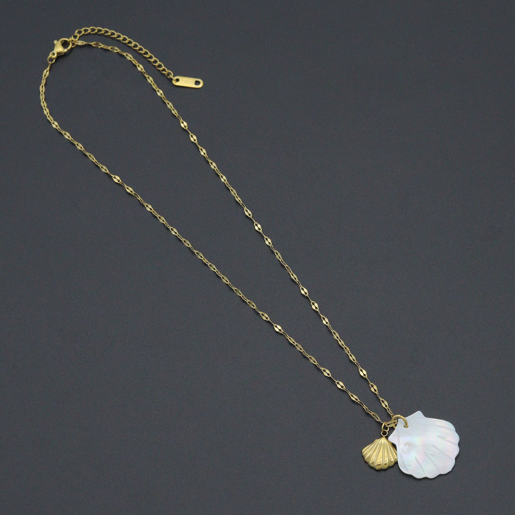 Mother of Pearl Shell Pendant Gold Dainty Link Adjustable Necklace , Sku#BXG17