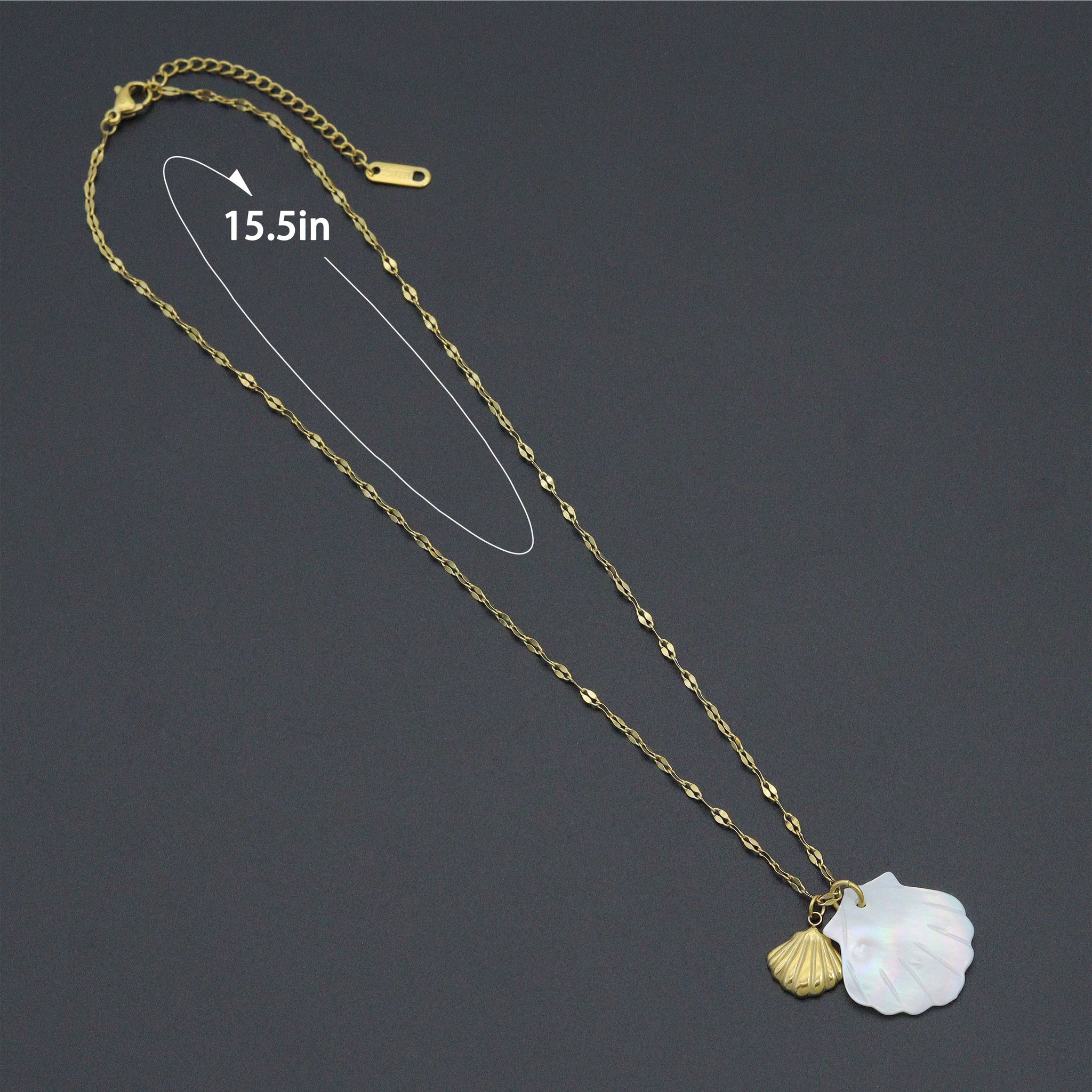 Mother of Pearl Shell Pendant Gold Dainty Link Adjustable Necklace , Sku#BXG17