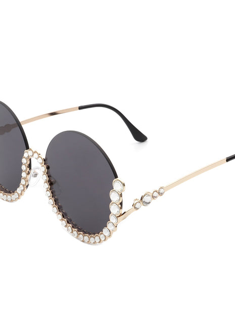 Gloriana - Women Circle Half Frame Oversize Rhinestone Fashion Round Sunglasses