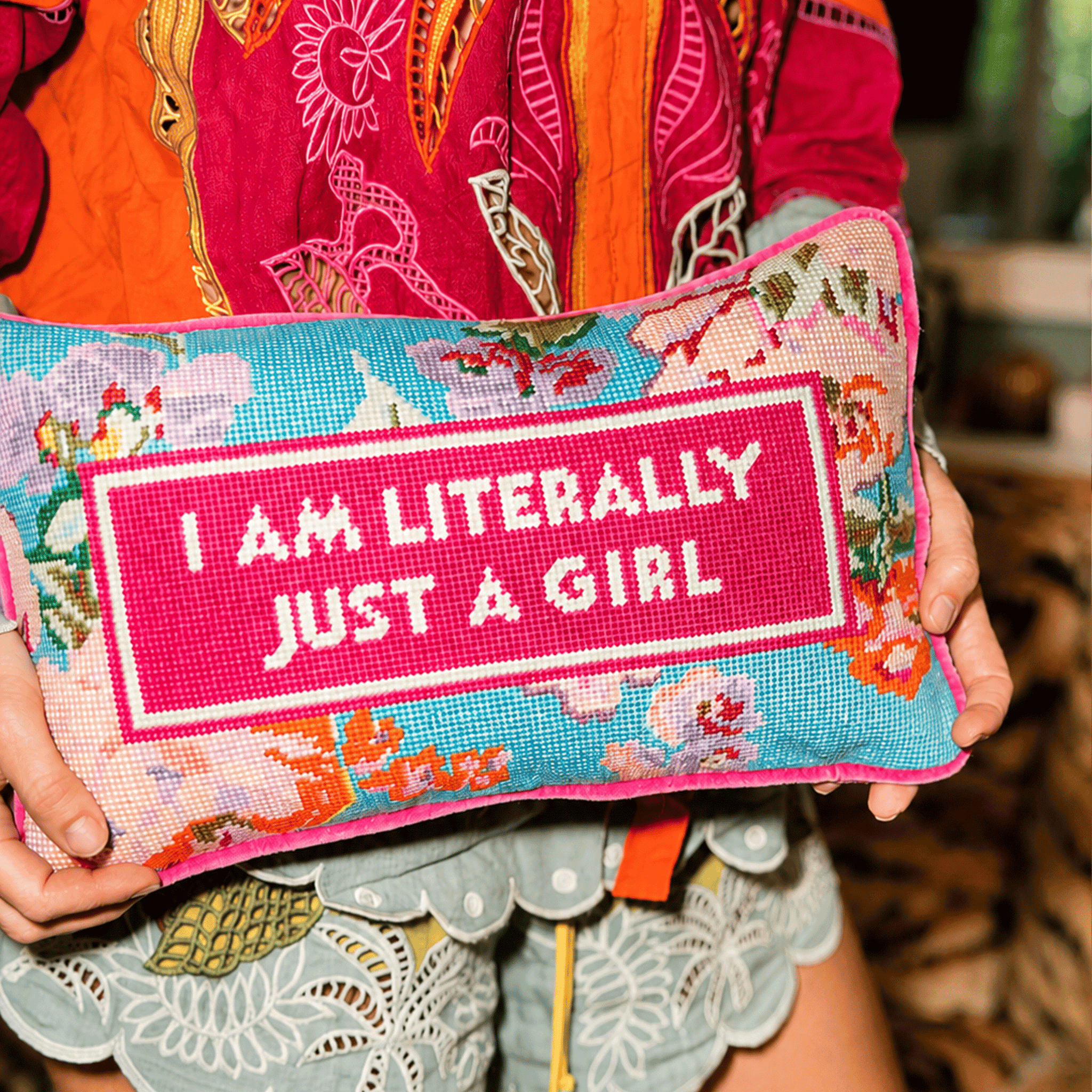 Just A Girl Needlepoint Pillow
