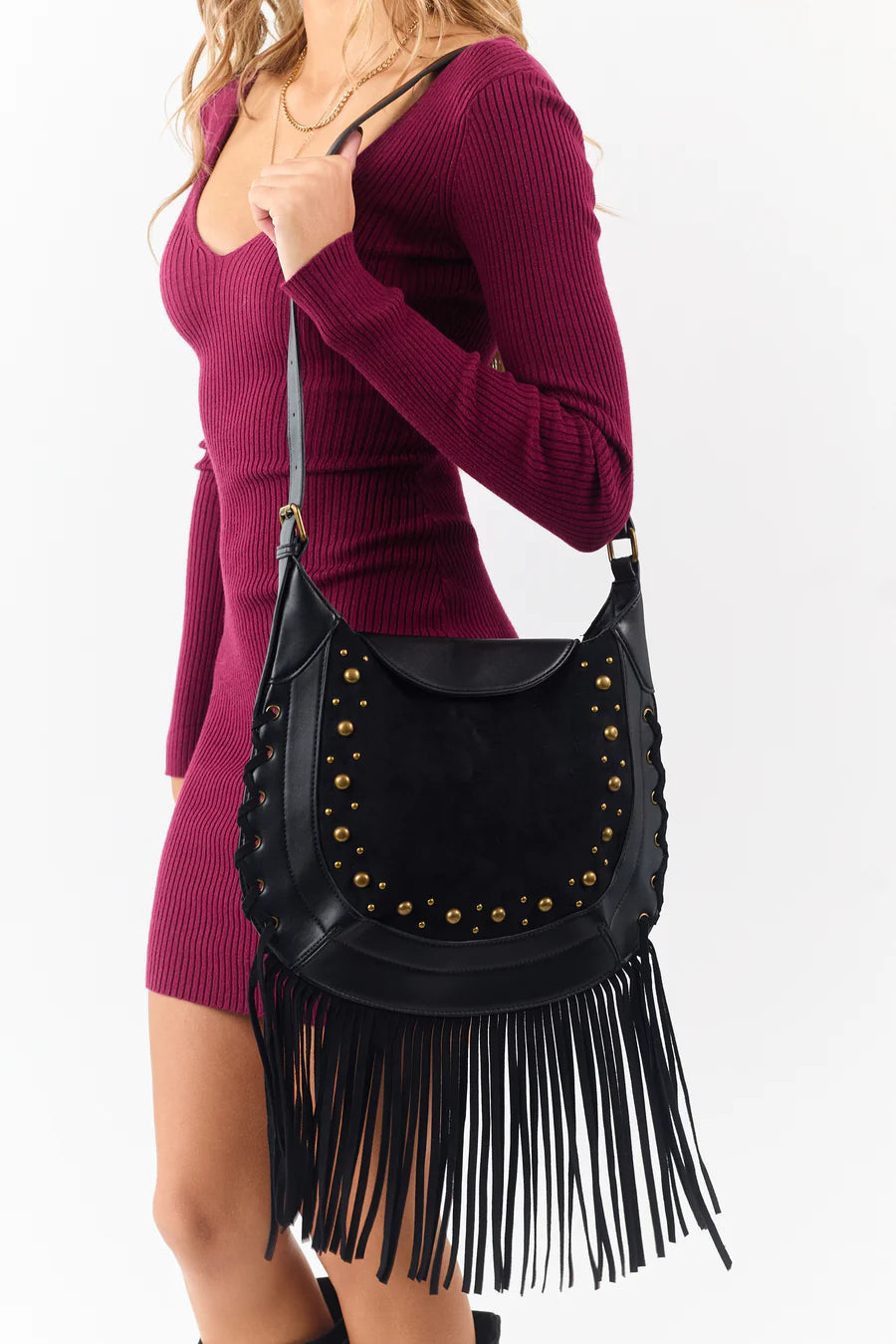 Suede Fringe Trim Gold Studded Shoulder/Crossbody Boho Bag Bags Trendsi