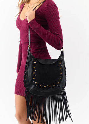 Rivet Trim Suede Fringe Bag, Shoulder/Crossbody