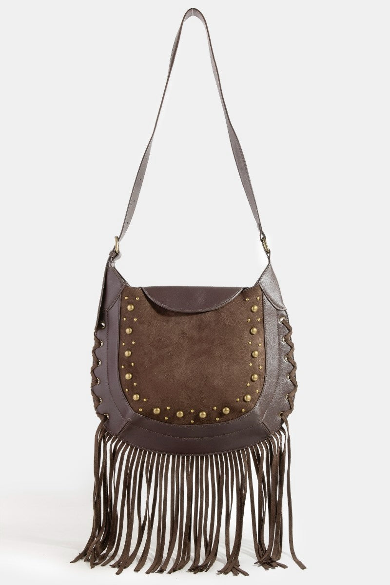 Suede Fringe Trim Gold Studded Shoulder/Crossbody Boho Bag Dark BR Bags Trendsi