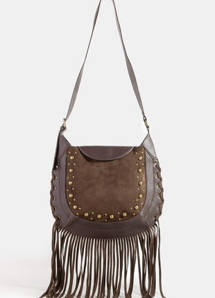 Rivet Trim Suede Fringe Bag, Shoulder/Crossbody