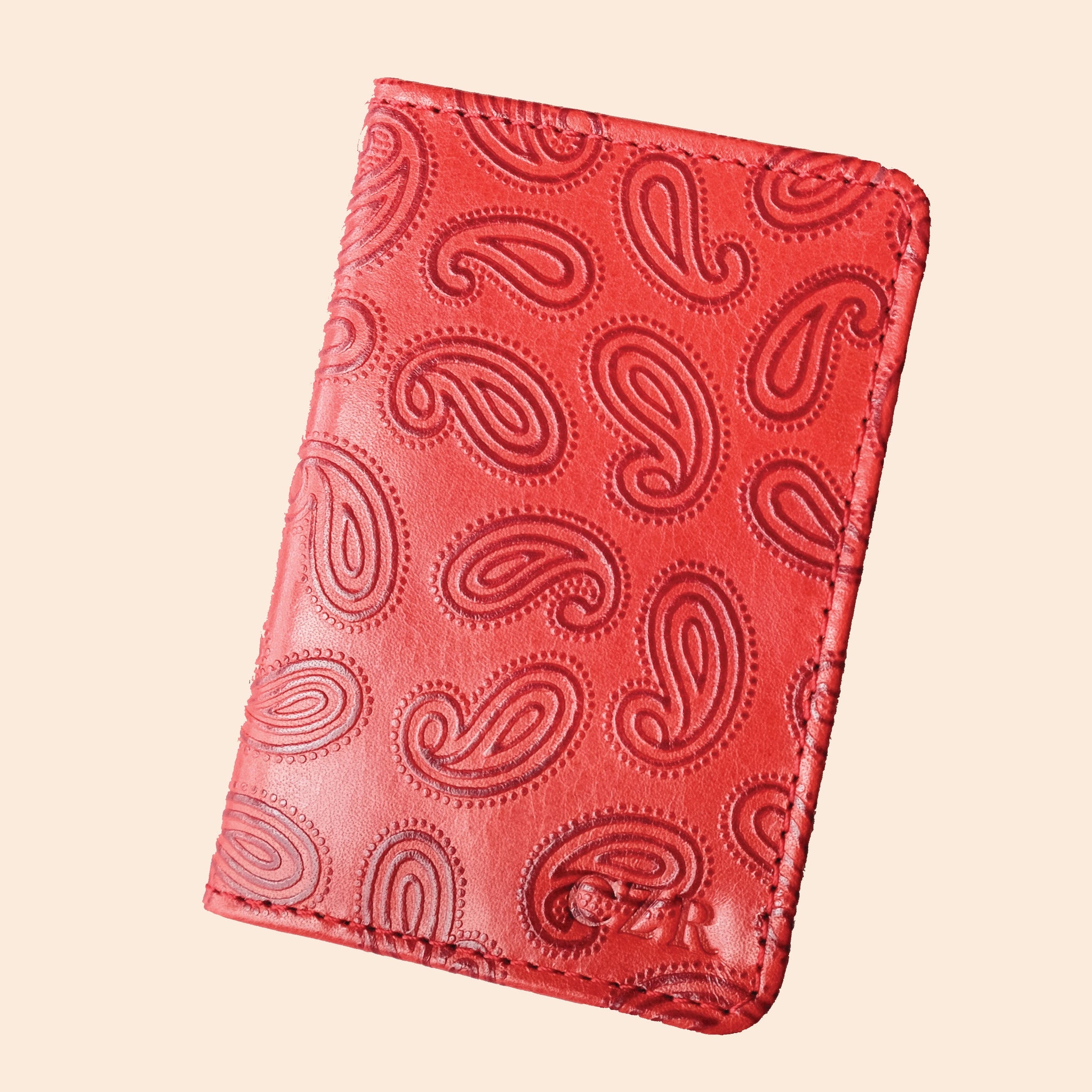 Handcrafted Red Paisley Bifold Wallet, Repurposed Leather