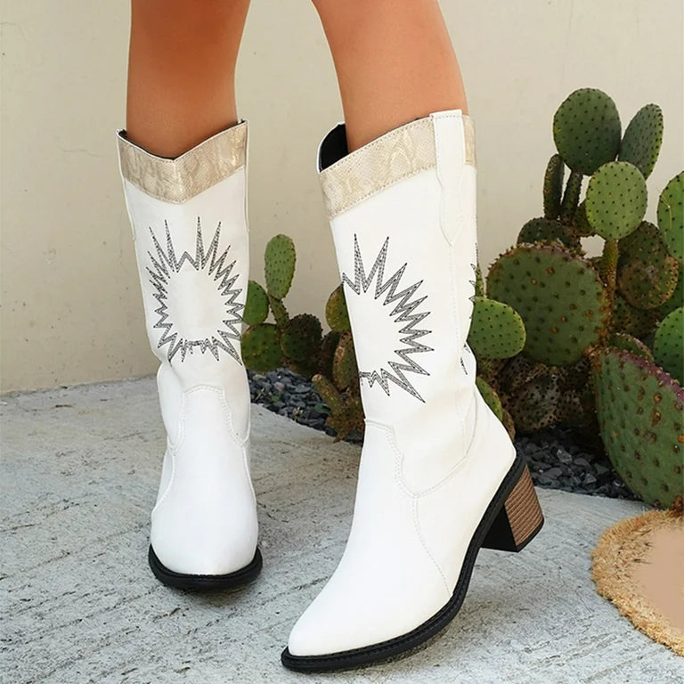 Point Toe Block Heels Western Boots (Camel/Black/White) Trendsi