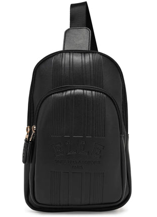 Black leather crossbody bag with a brand logo on a white background