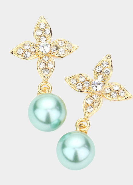 Elegant Floral Motif Crystal Pearl Drop Earrings