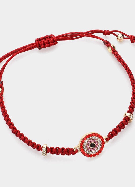 Stone Paved Evil Eye Pointed Braided Adjustable Cinch Pull Tie Bracelet
