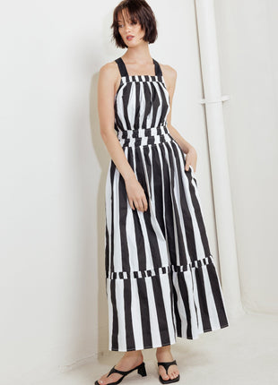 LUXE LINEAR STRIPED WOVEN MIDI DRESS